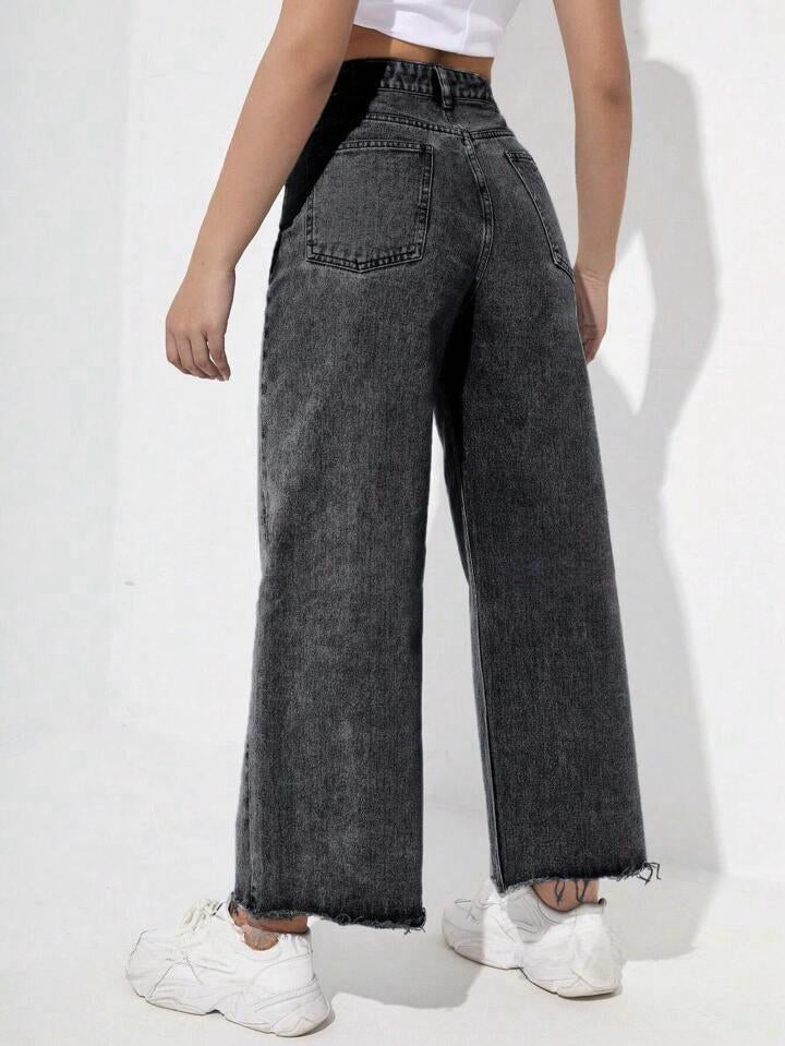 Highwaist Raw Hem Wide Leg Denim In Charcoal Grey