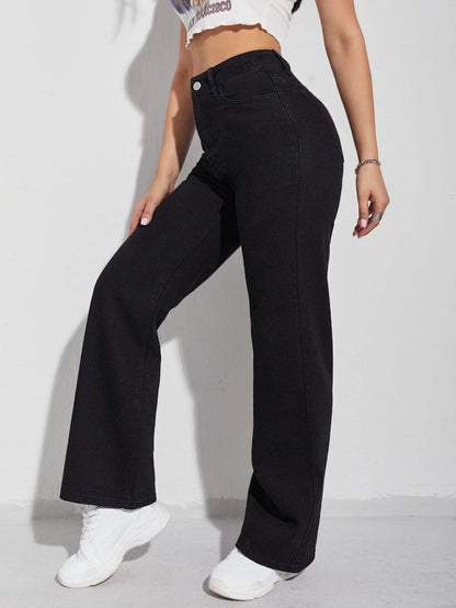 Highwaist Straight Fit Wide Leg Denim In Black
