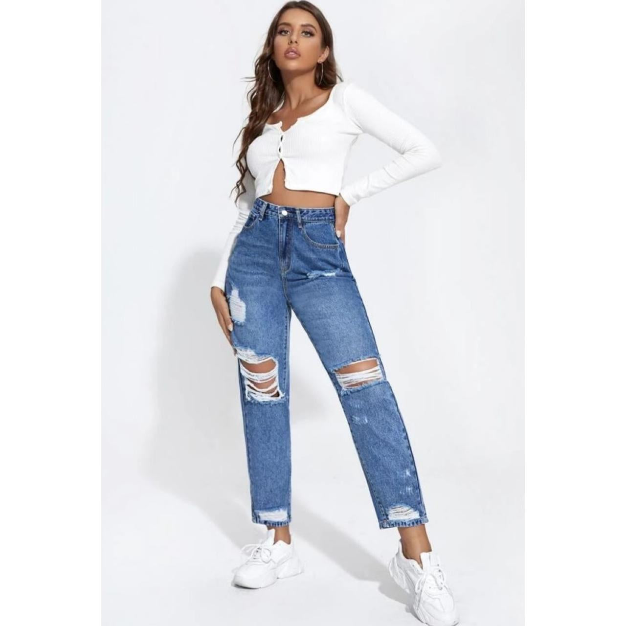 Highwaist Whiskers Mom Fit Distressed Denim In Stone Blue