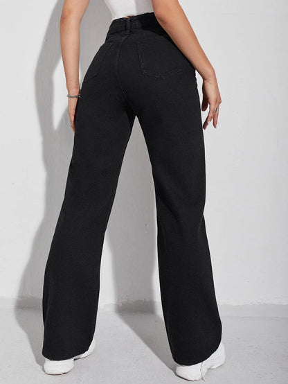 Highwaist Straight Fit Wide Leg Denim In Black