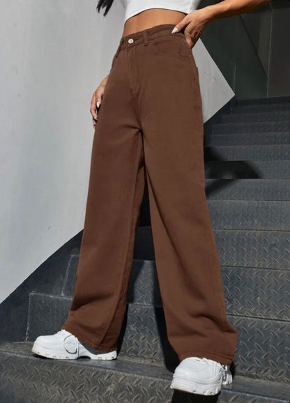 Highwaist Straight Fit Wide Leg Denim In Dark Brown