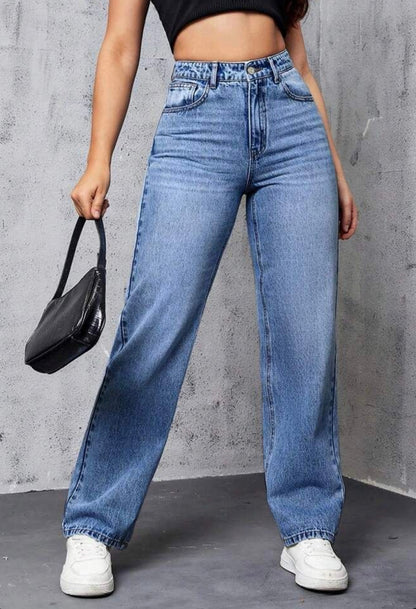 Highwaist Whiskers Straight Fit Wide Leg Denim In Mid Blue
