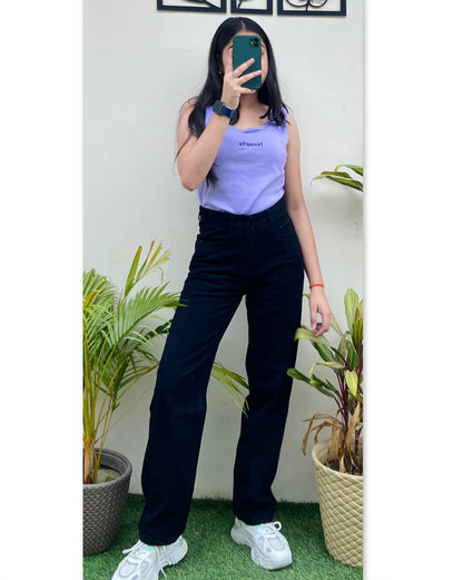 Highwaist Straight Fit Wide Leg Denim In Black