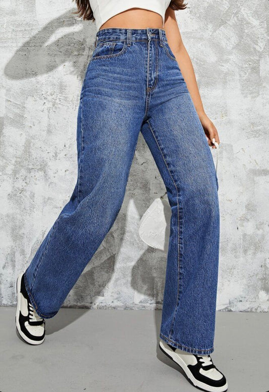 Highwaist Whiskers Straight Fit Wide Leg Denim In Dark Blue