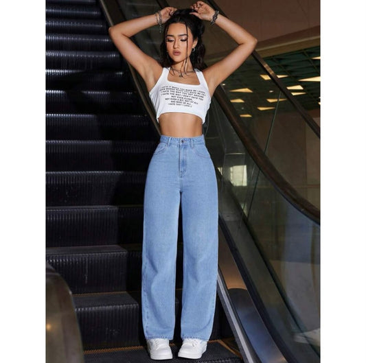 Highwaist Straight Fit Wide Leg Denim In Ice Blue