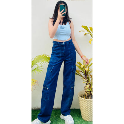Highwaist Side Zipper Cargo Style Denim In Dark Blue