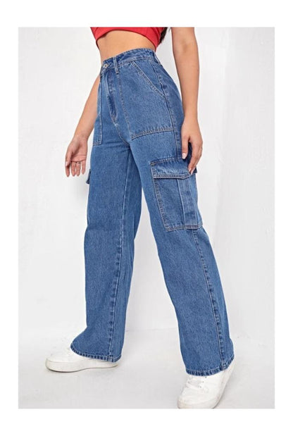 Highwaist Flap Pockets Cargo Style Denim In Dark Blue