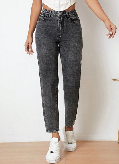 Highwaist Mom Fit Denim In Charcoal Grey