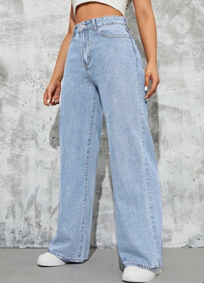 Highwaist Straight Fit Wide Leg Denim In Light Blue