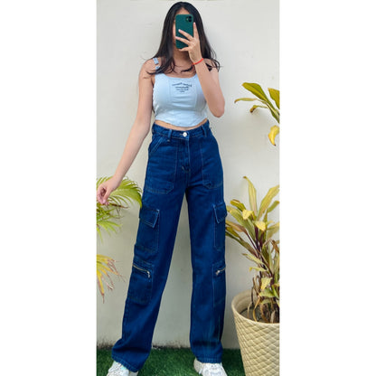 Highwaist Side Zipper Cargo Style Denim In Dark Blue