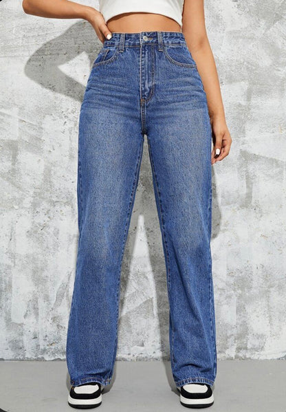 Highwaist Whiskers Straight Fit Wide Leg Denim In Dark Blue