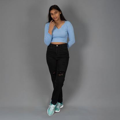 Highwaist Distressed Mom Fit Denim In Black