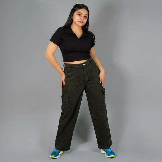 Highwaist Cargo Style Denim in Olive Green