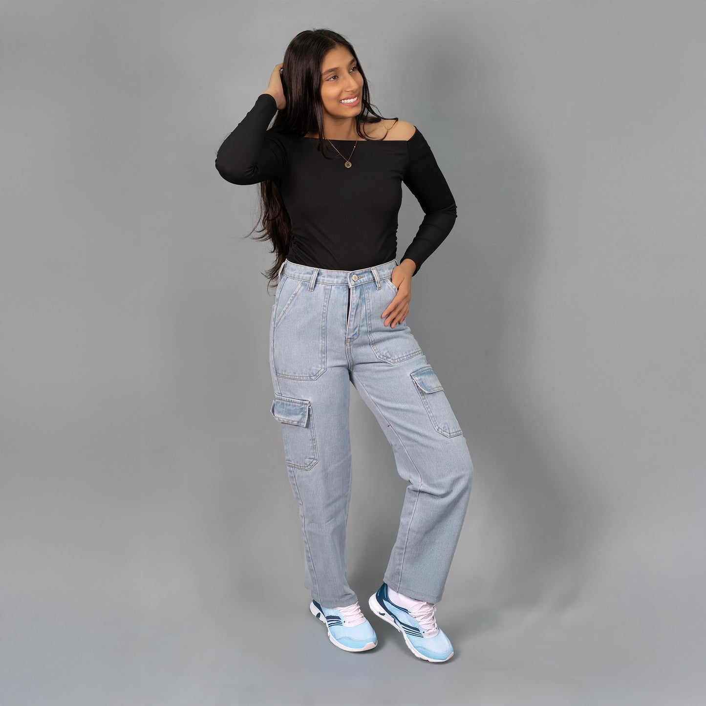 Highwaist Flap Pockets Cargo Style Denim In Light Blue