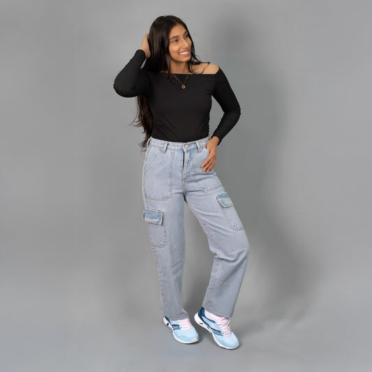 Highwaist Flap Pockets Cargo Style Denim In Light Blue