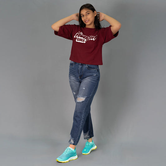 Highwaist Whiskers Distressed Mom Fit Denim In Mid Blue