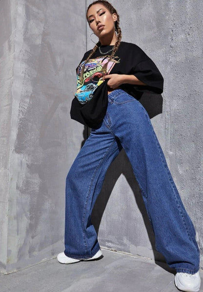 Highwaist Straight Fit Wide Leg Denim In Dark Blue