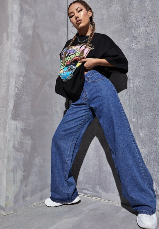Highwaist Straight Fit Wide Leg Denim In Dark Blue