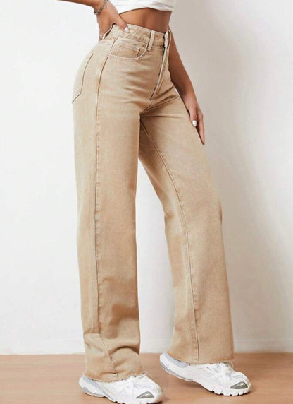 Highwaist Straight Fit Wide Leg Denim In Beige