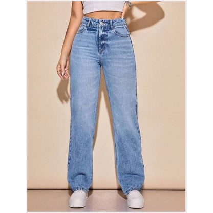 Highwaist Whisker Wash Ball Blast Straight Fit Wide Leg Denim In Light Blue
