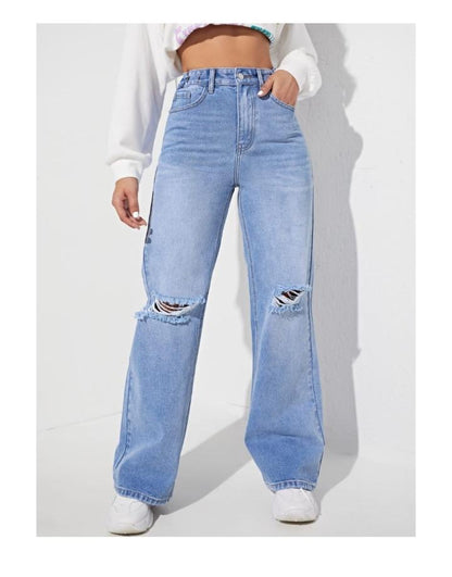 Highwaist Whiskers Distressed Straight Fit Wide Leg Denim In Light Blue