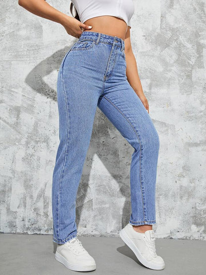 Highwaist Slant Pockets Mom Fit Denim In Mid Blue