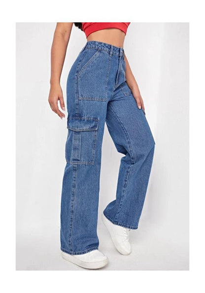 Highwaist Flap Pockets Cargo Style Denim In Dark Blue