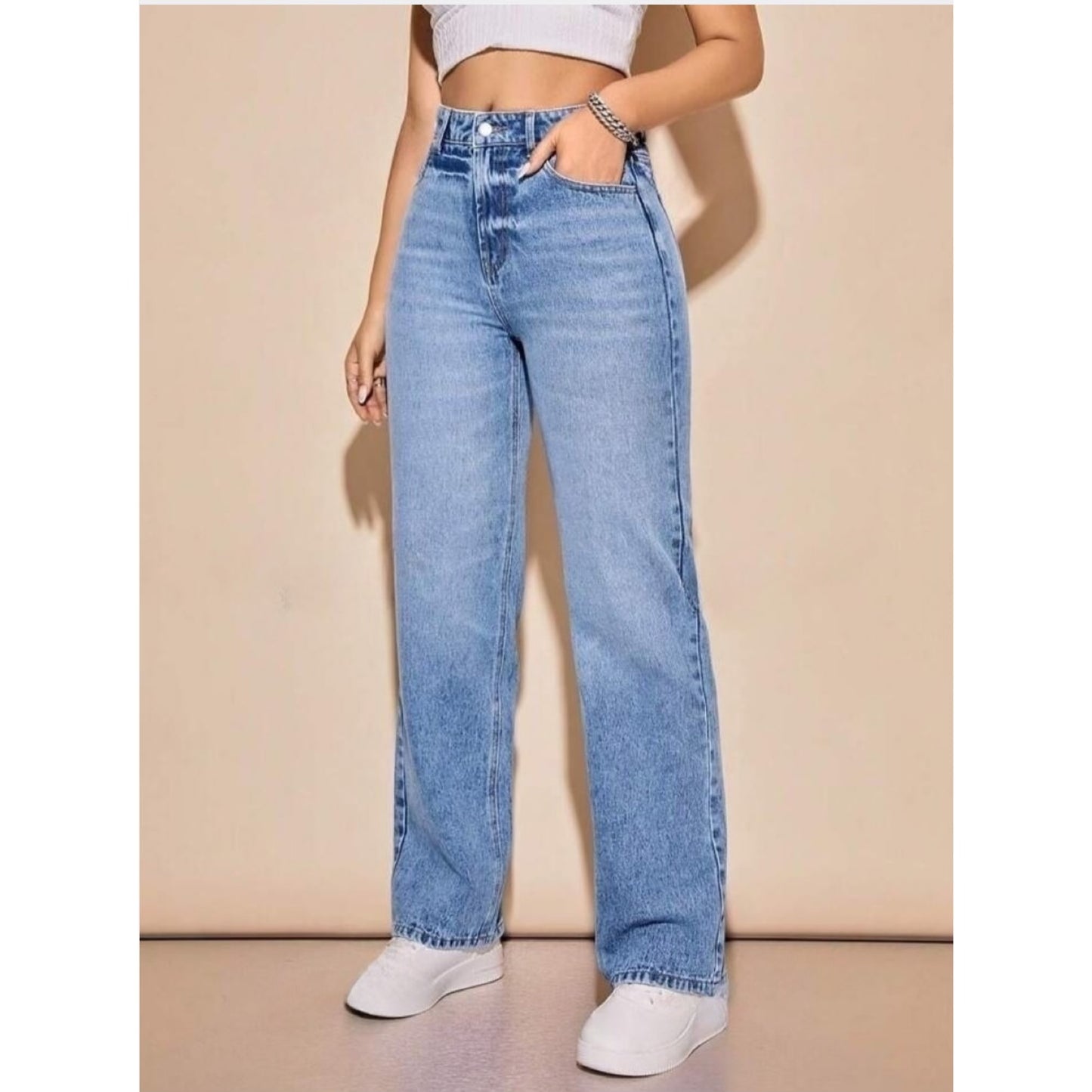 Highwaist Whisker Wash Ball Blast Straight Fit Wide Leg Denim In Light Blue