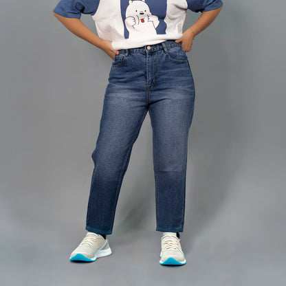 Highwaist Whisker Mom Fit Denim In Stone Blue