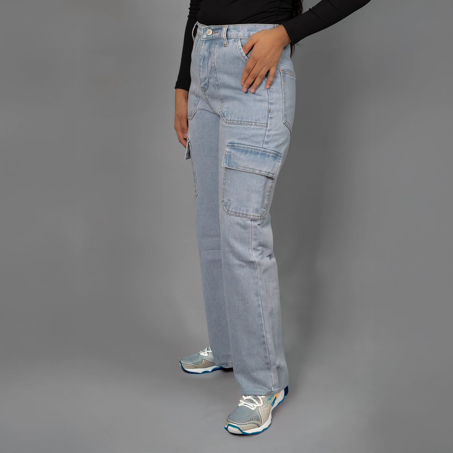 Highwaist Flap Pockets Cargo Style Denim In Light Blue