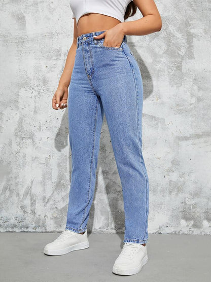 Highwaist Slant Pockets Mom Fit Denim In Mid Blue