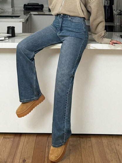 Highwaist Ball Blast Straight Fit Wide Leg Denim Dusty Blue