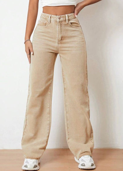 Highwaist Straight Fit Wide Leg Denim In Beige