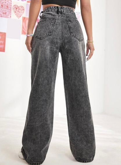 Highwaist Straight Fit Wide Leg Denim In Charcoal Grey