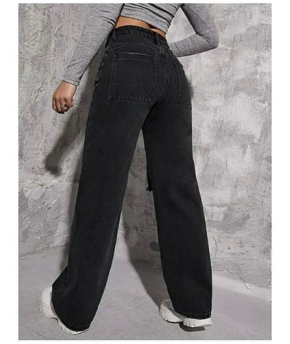 Highwaist Straight Fit Wide Leg One Knee Distressed Denim In Black