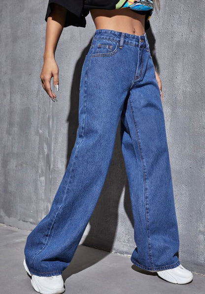 Highwaist Straight Fit Wide Leg Denim In Dark Blue