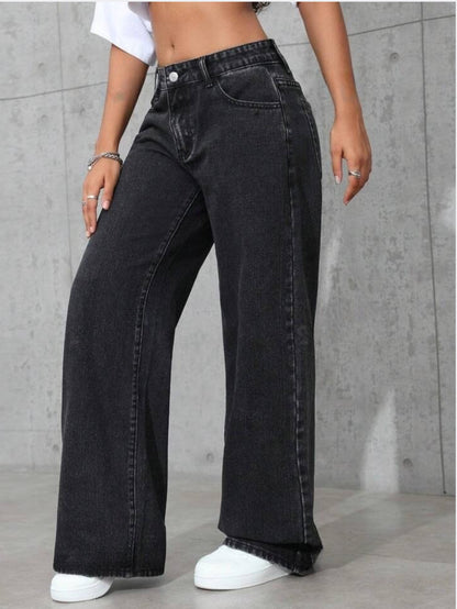 Zara Basics 1975 Long Hem Wide Leg Denim - Carbon Black