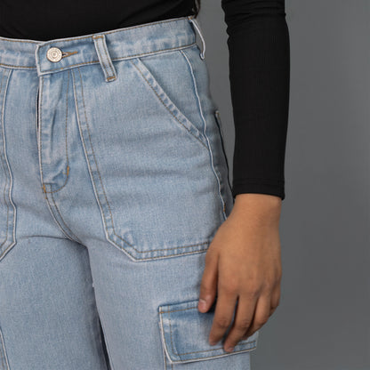 Highwaist Flap Pockets Cargo Style Denim In Light Blue