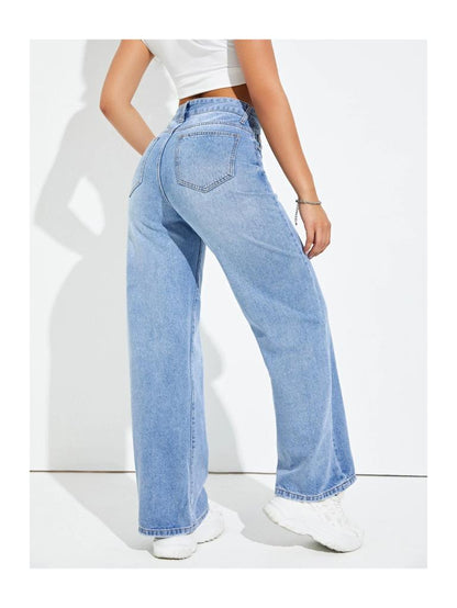 Highwaist Whisker Straight Fit Wide Leg Denim In Light Blue
