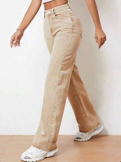 Highwaist Straight Fit Wide Leg Denim In Beige