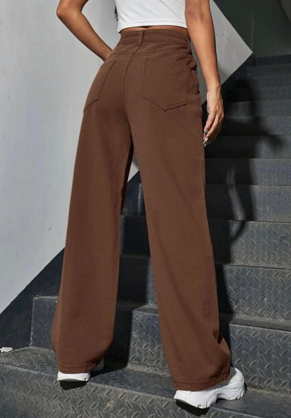 Highwaist Straight Fit Wide Leg Denim In Dark Brown