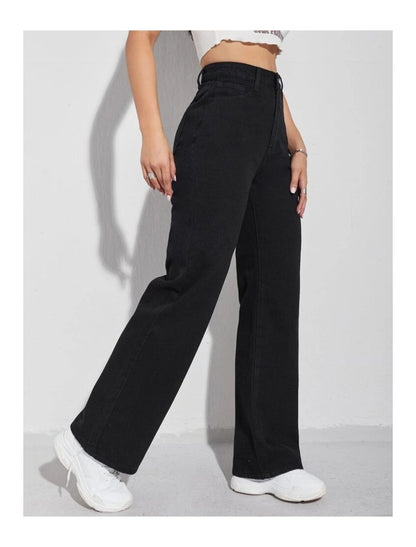 Highwaist Straight Fit Wide Leg Denim In Black