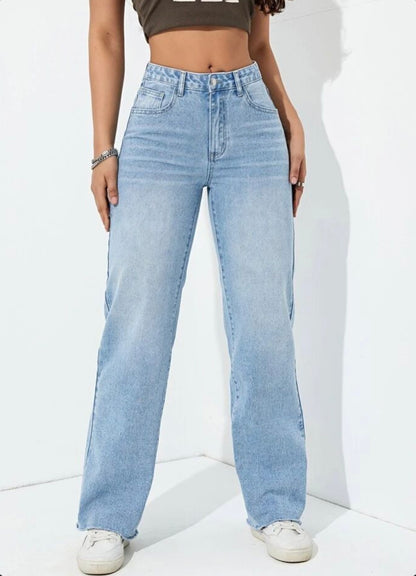 Highwaist Cat Whiskers Raw Hem Wide Leg Denim In Light Blue