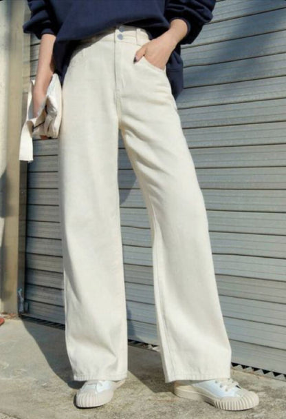 Highwaist Straight Fit Wide Leg Denim In Cream
