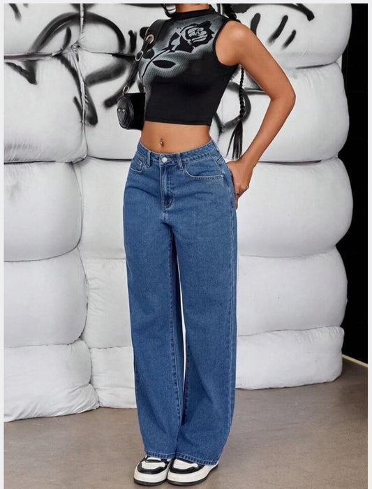 Zara Basics 1975 Long Hem Wide Leg Denim - Mid Blue