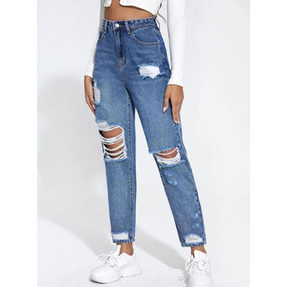 Highwaist Whiskers Mom Fit Distressed Denim In Stone Blue