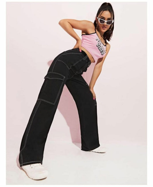 Highwaist Flap Pockets Cargo Style Denim