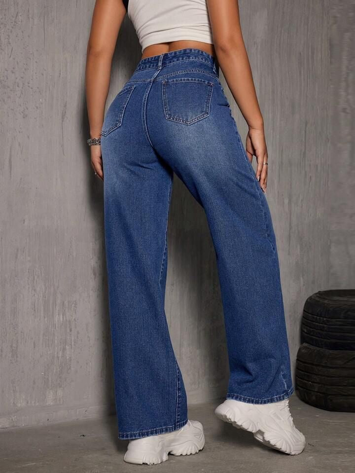 Highwaist Whisker Straight Fit Wide Leg Denim In Dark Blue