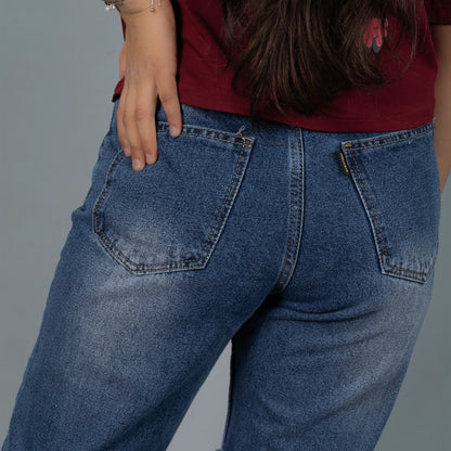 Highwaist Whiskers Distressed Mom Fit Denim In Mid Blue