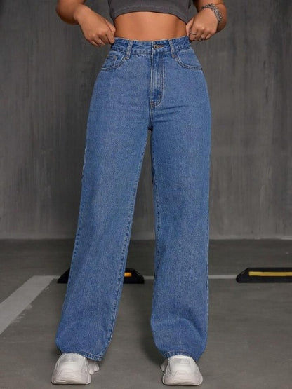 Highwaist Straight Fit Wide Leg Denim In Stone Blue
